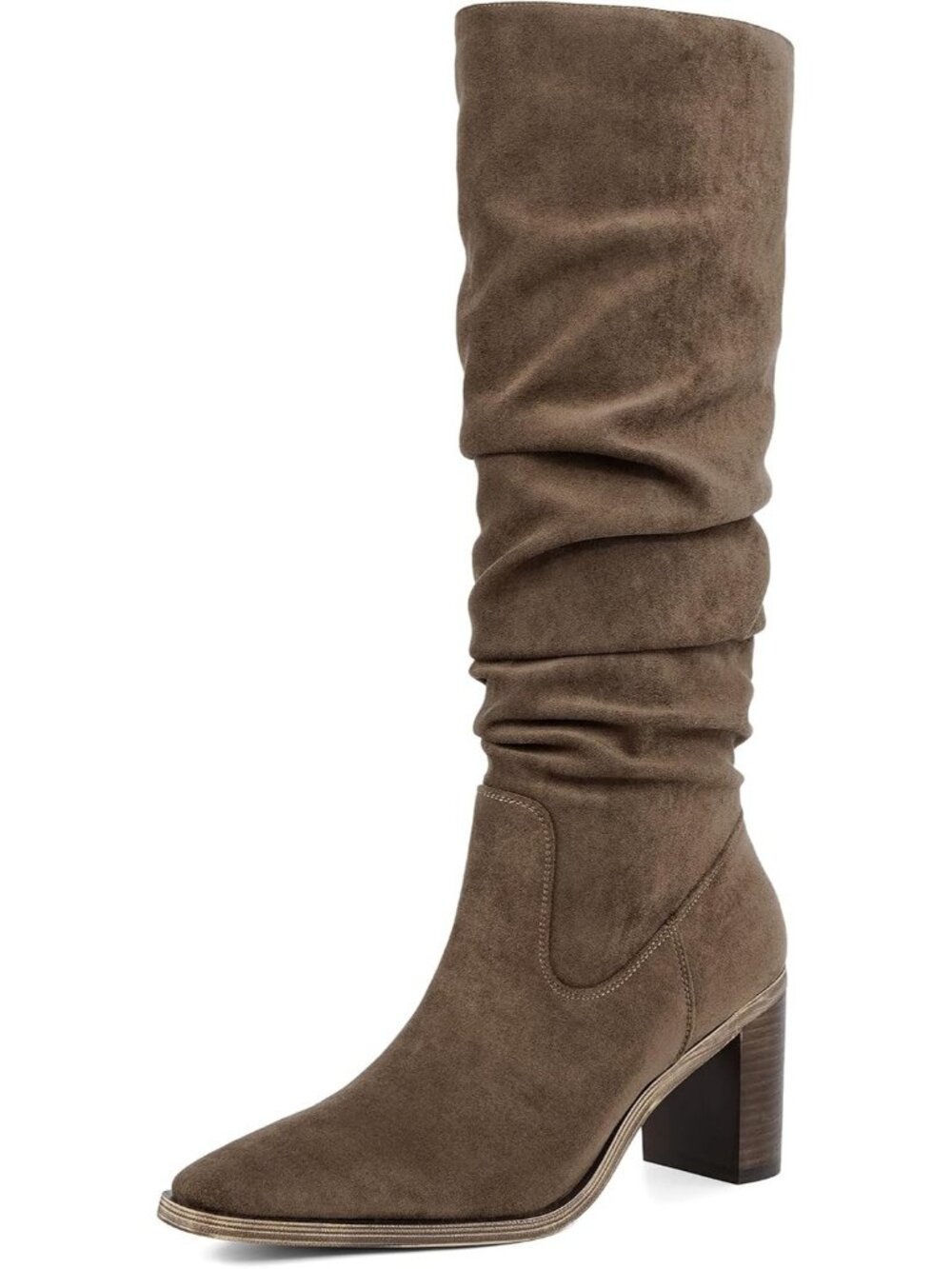 Women's Taupe Suede Knee High Boot Chunky Heel Boot 2.95" Heel Square Toe Zipper